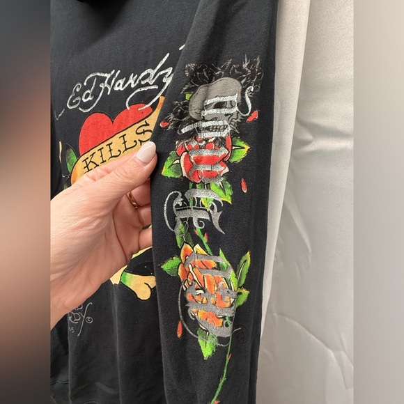 Ed Hardy VTG CHRISTIAN AUDIGIER Love Kills Slowly Hoodie Large SKULL Grunge Y2K - Picture 5 of 10